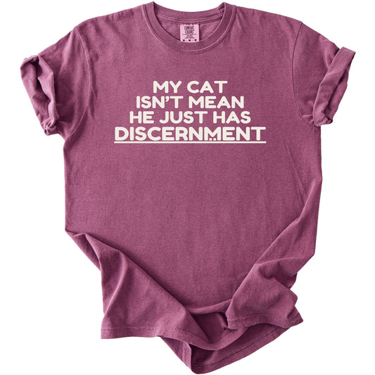 Maroon t-shirt with white text "MY CAT ISN'T MEAN HE JUST HAS DISCERNMENT".