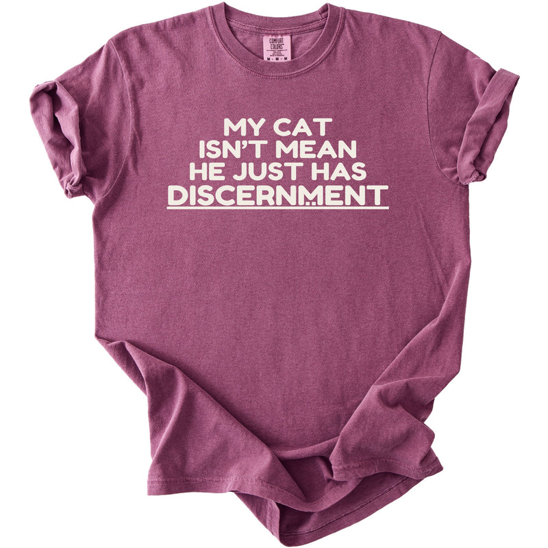Maroon t-shirt with white text "MY CAT ISN'T MEAN HE JUST HAS DISCERNMENT".
