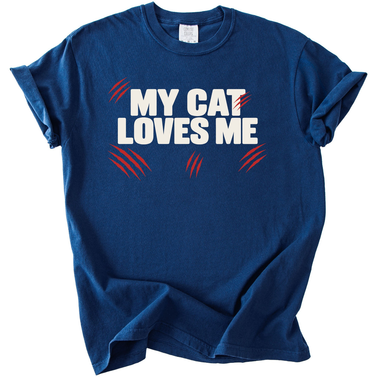 Navy blue t-shirt with "MY CAT LOVES ME" text and red claw marks.