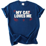 Navy blue t-shirt with "MY CAT LOVES ME" text and red claw marks.