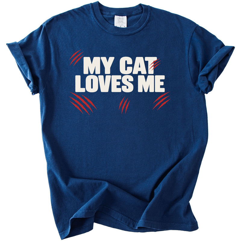 Navy blue t-shirt with "MY CAT LOVES ME" text and red claw marks.