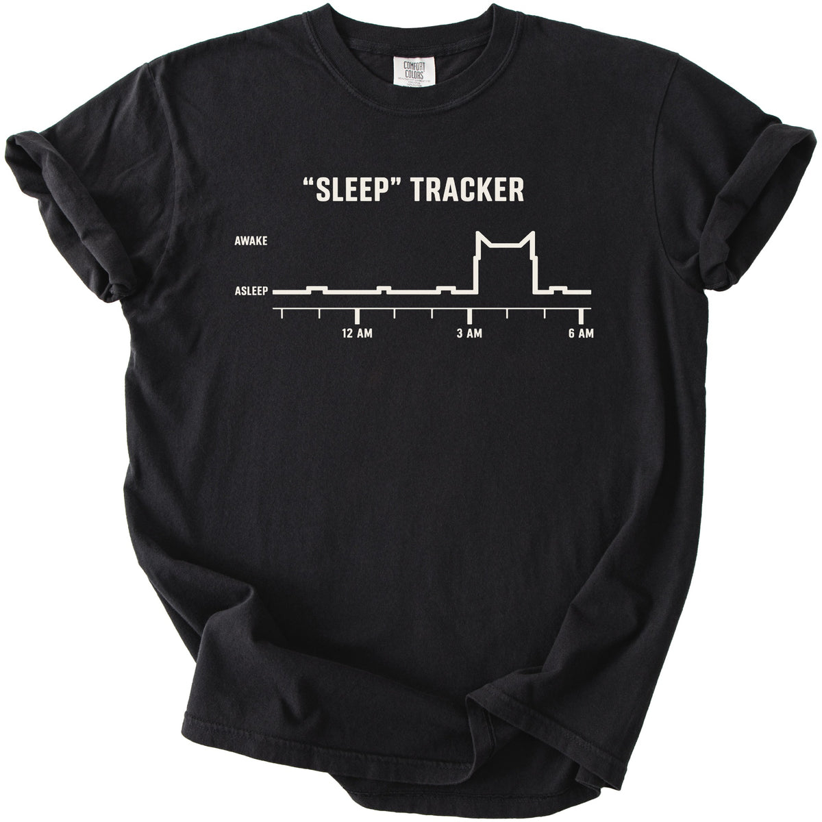 Black t-shirt with "Sleep" Tracker graphic and cat silhouette.