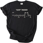 Black t-shirt with "Sleep" Tracker graphic and cat silhouette.