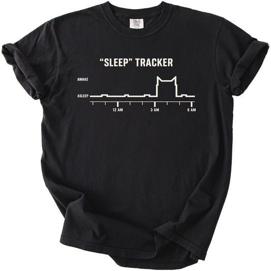Black t-shirt with "Sleep" Tracker graphic and cat silhouette.