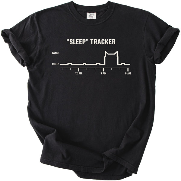 Black t-shirt with "Sleep" Tracker graphic and cat silhouette.