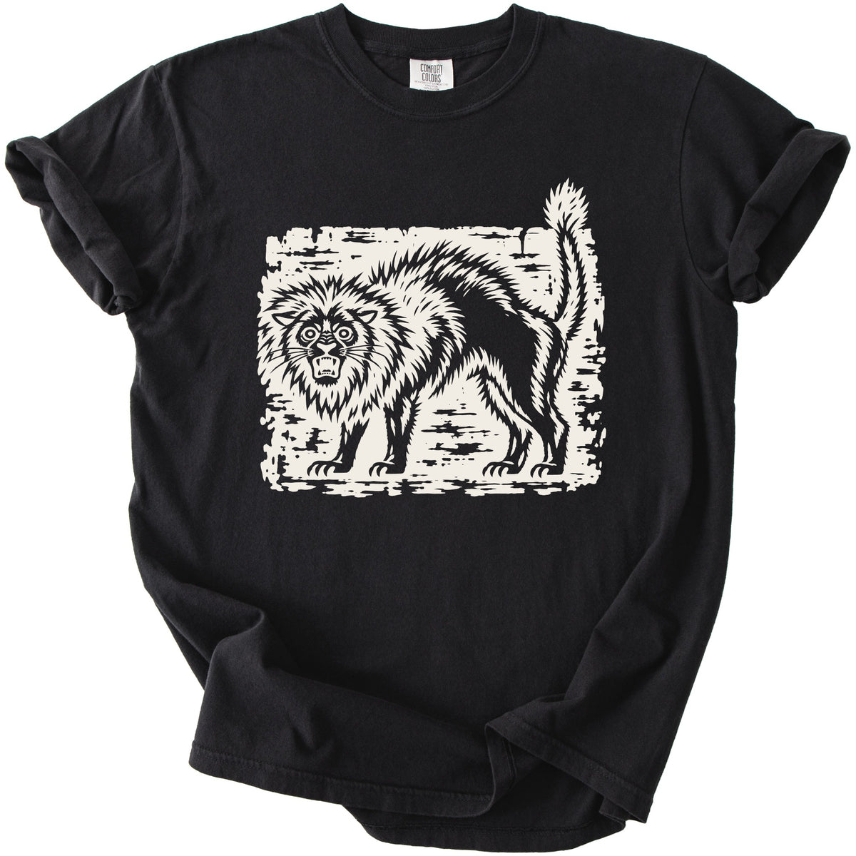 Black t-shirt with a distressed graphic of a startled black cat.
