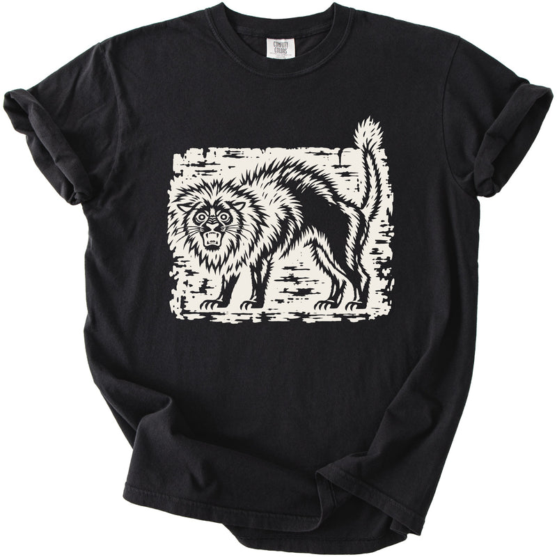 Black t-shirt with a distressed graphic of a startled black cat.