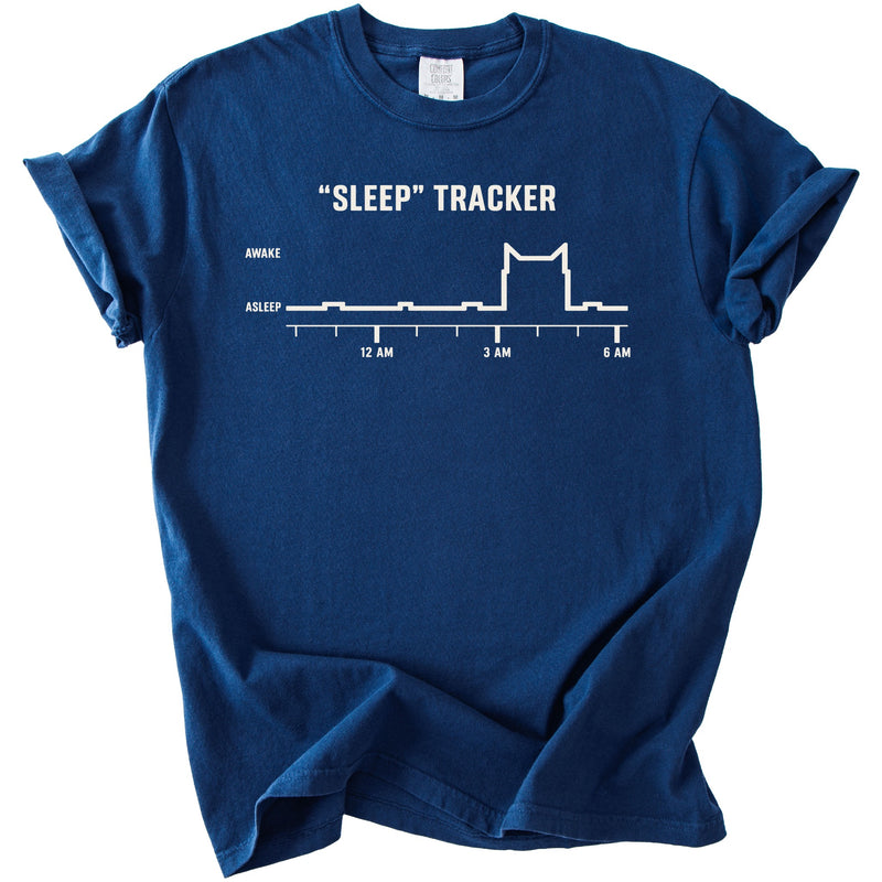 Navy blue t-shirt with "Sleep Tracker" graphic showing a cat silhouette.