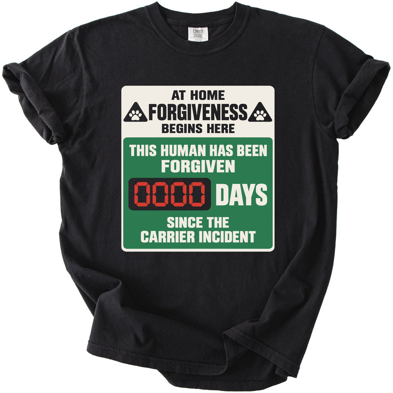 Black t-shirt with a "Forgiveness" sign and a zero-day counter.