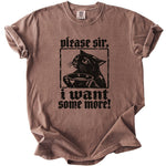 Brown t-shirt with a black cat holding a bowl and text "please sir, i want some more!".
