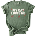 Green t-shirt with "MY CAT LOVES ME" in white, and red claw marks.