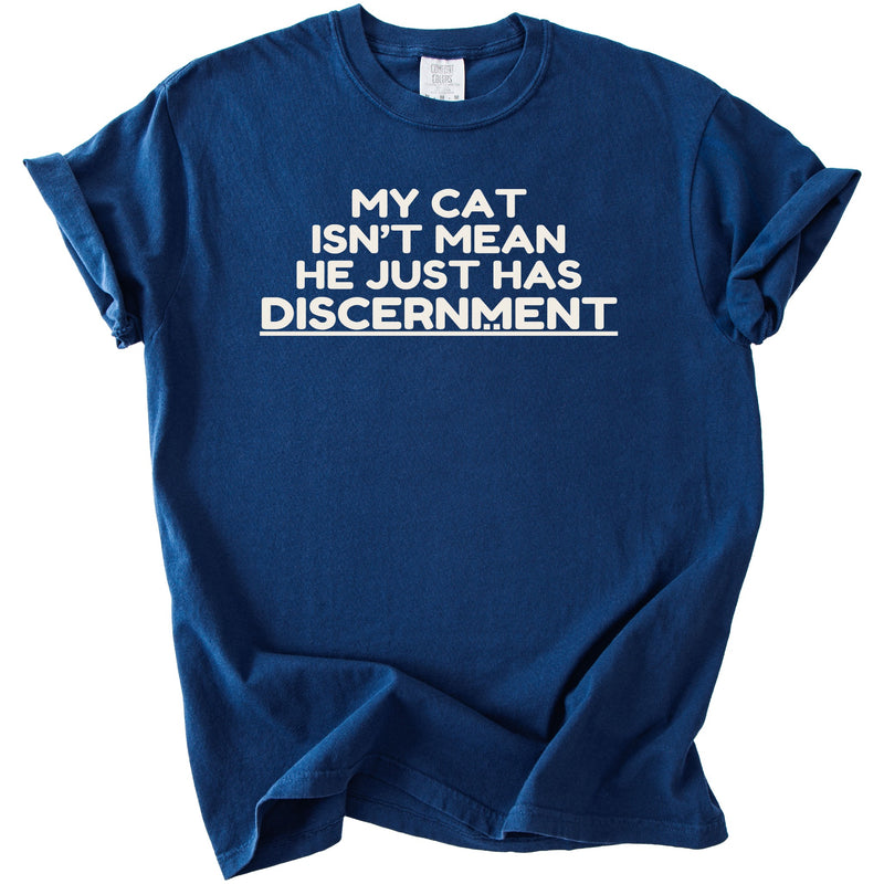 Blue t-shirt with white text: "MY CAT ISN'T MEAN HE JUST HAS DISCERNMENT"