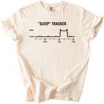 Cream t-shirt with "SLEEP" TRACKER graphic showing a cat-shaped line graph.