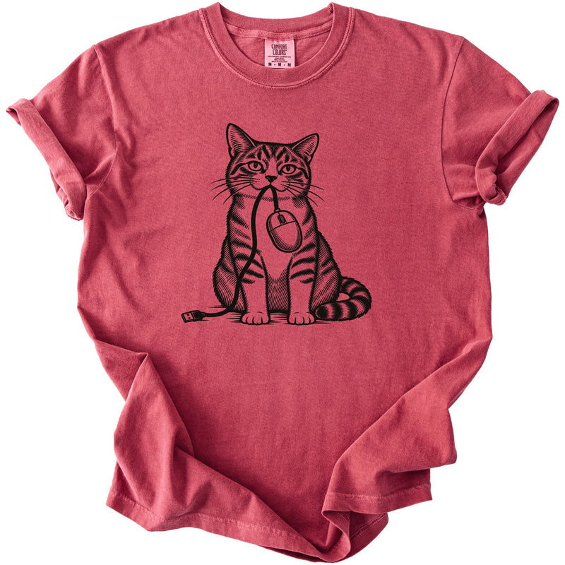 T-shirt with black graphic of a cat holding a computer mouse in its mouth.